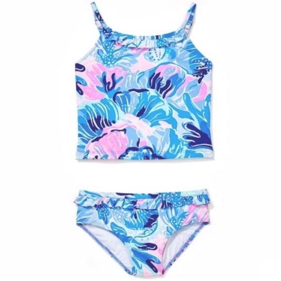 Lilly Pulitzer Girls Emiko Tankini Saltwater Blue Shade Seekers UPF 50 Size 12 - Picture 1 of 11